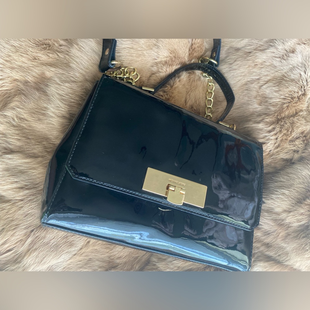 Michael Kors Black Patent Crossbody Bag with Gold Accents